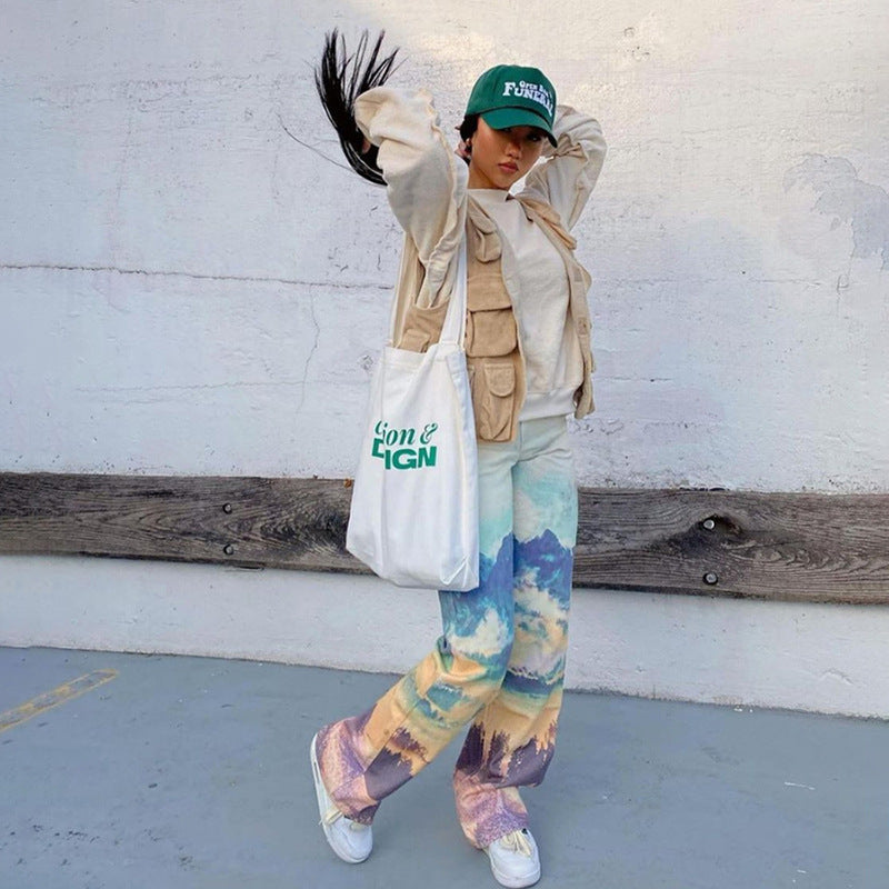 High Waist Straight Print Slim Street Pants