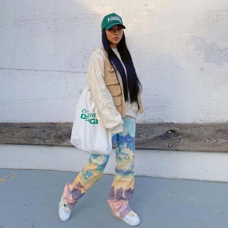 High Waist Straight Print Slim Street Pants