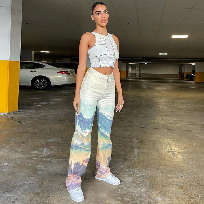 High Waist Straight Print Slim Street Pants