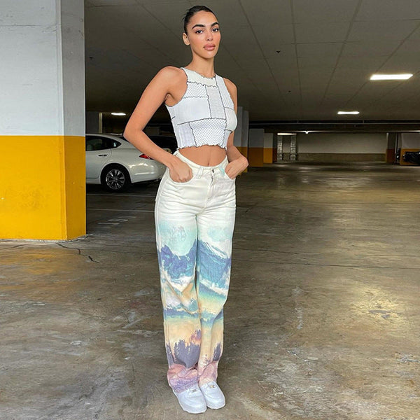 High Waist Straight Print Slim Street Pants