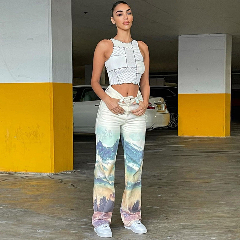 High Waist Straight Print Slim Street Pants