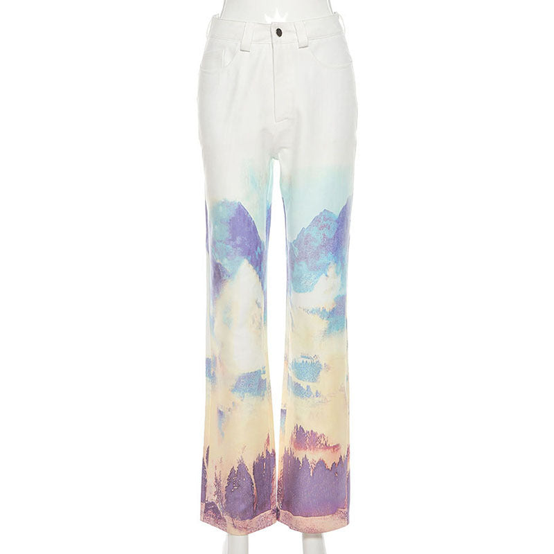 High Waist Straight Print Slim Street Pants