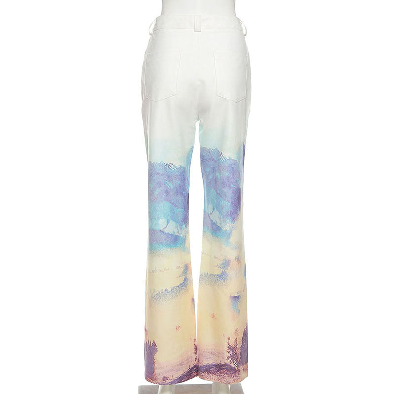 High Waist Straight Print Slim Street Pants