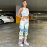 High Waist Straight Print Slim Street Pants