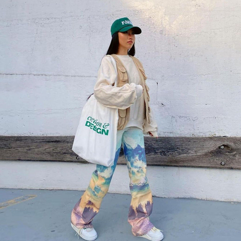 High Waist Straight Print Slim Street Pants