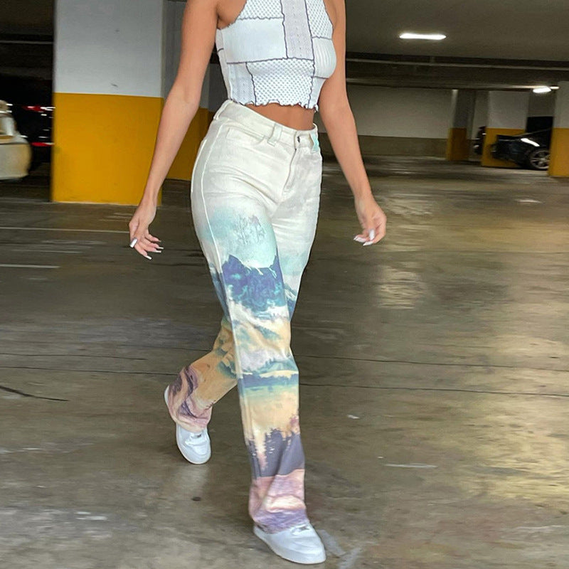 High Waist Straight Print Slim Street Pants