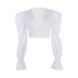 Pure Color Versatile Puff Sleeve Bow Shirt