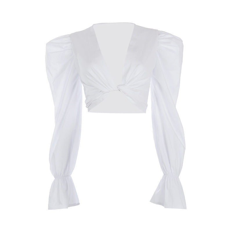 Pure Color Versatile Puff Sleeve Bow Shirt