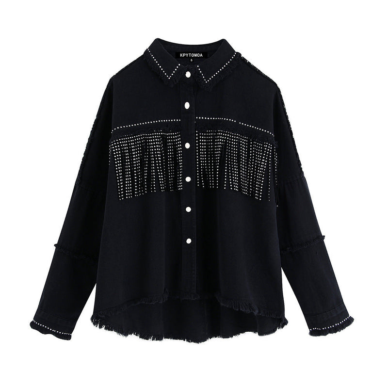 Vintage Stylish Fringe Beaded Denim Jacket