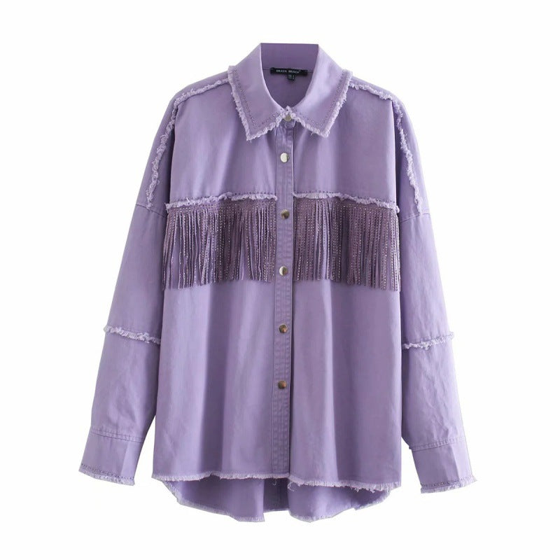 Vintage Stylish Fringe Beaded Denim Jacket
