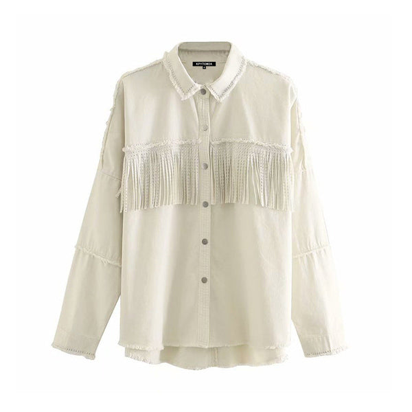 Vintage Stylish Fringe Beaded Denim Jacket