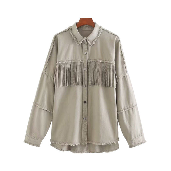 Vintage Stylish Fringe Beaded Denim Jacket