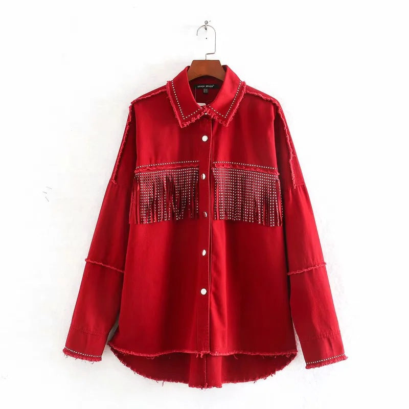 Vintage Stylish Fringe Beaded Denim Jacket