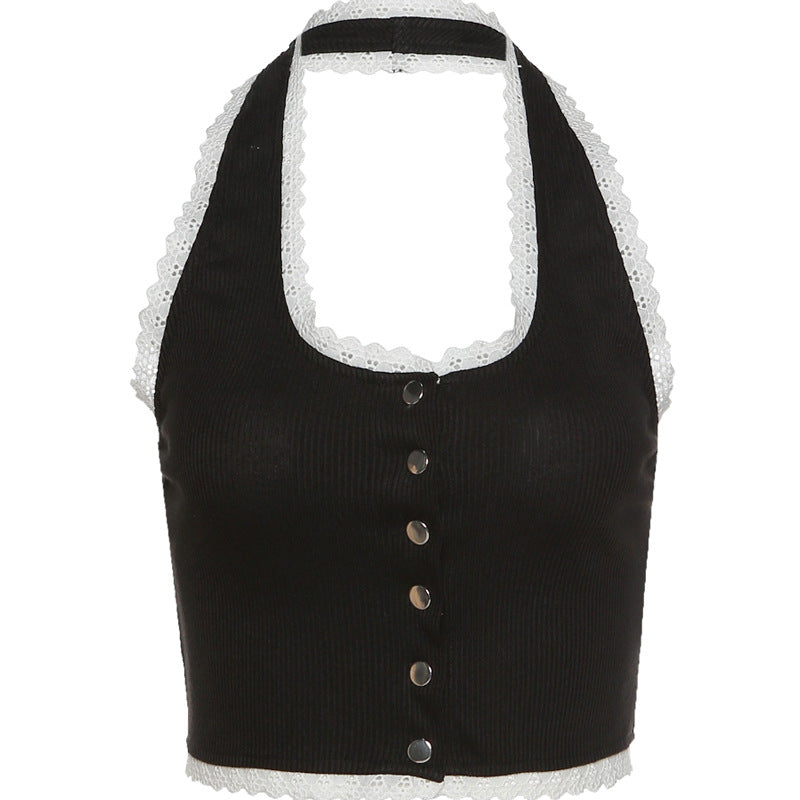 Short Button Collar Sexy Back Umbilical Vest