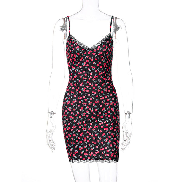 Sexy V-neck Lace Sling Print Temperament Dress