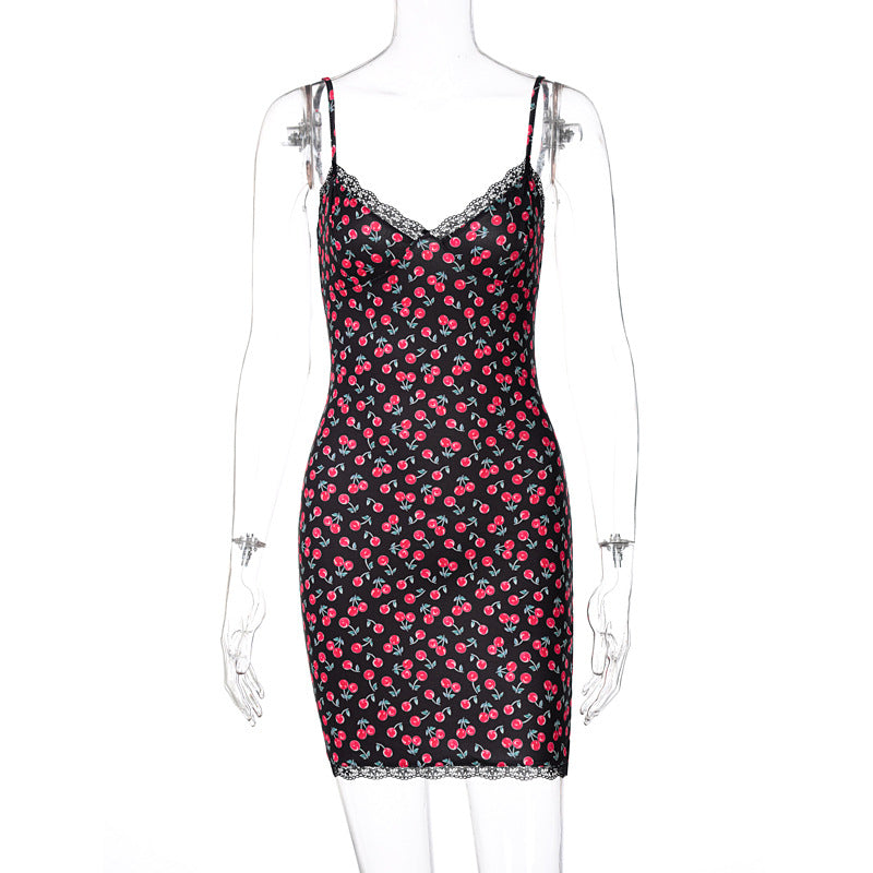 Sexy V-neck Lace Sling Print Temperament Dress