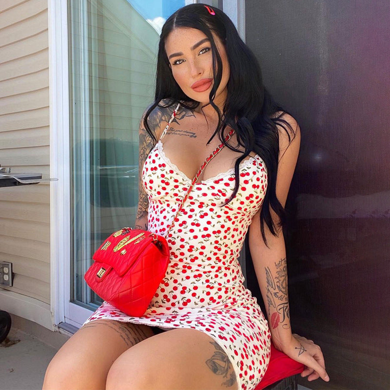 Sexy V-neck Lace Sling Print Temperament Dress