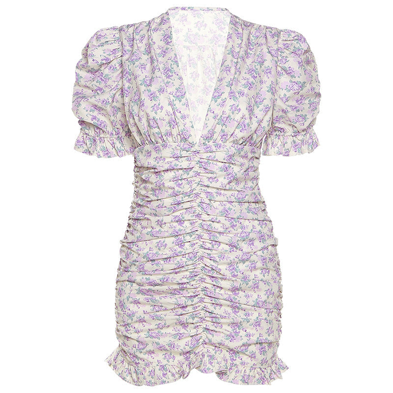 V-Neck Puff-Sleeve Slim-Fit Dress