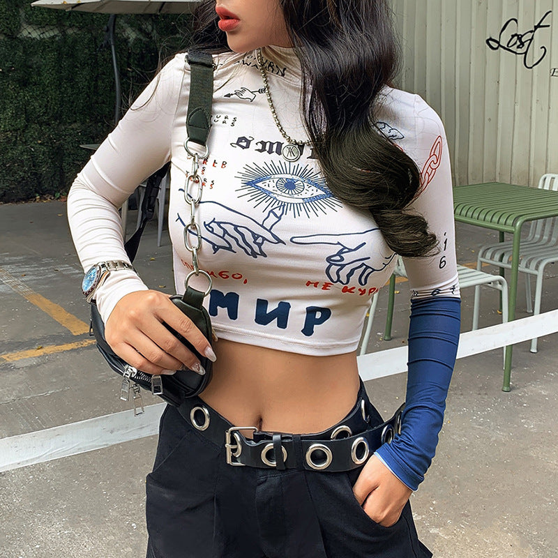 Half Turtleneck Printed Crop Top T-shirt