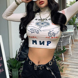 Half Turtleneck Printed Crop Top T-shirt