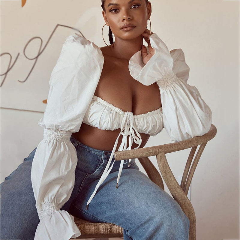 Sexy Trumpet Sleeve Lace-up Folds Top