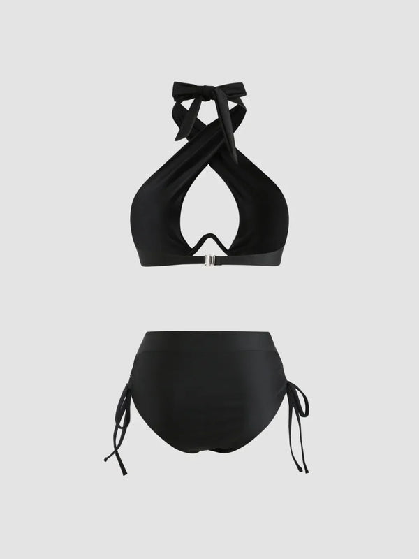 Ensemble bikini uni dos nu à col halter croisé taille haute