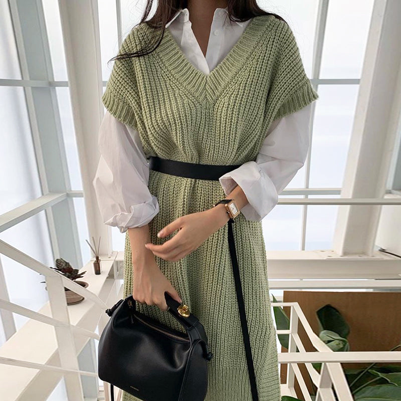 Long Seeve Shirt Split Knit Vest Dress Suit