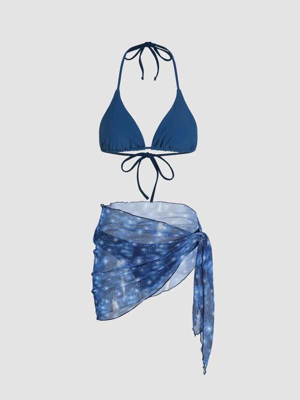 Ensemble 3 pièces bikini uni dos nu avec sarong assorti