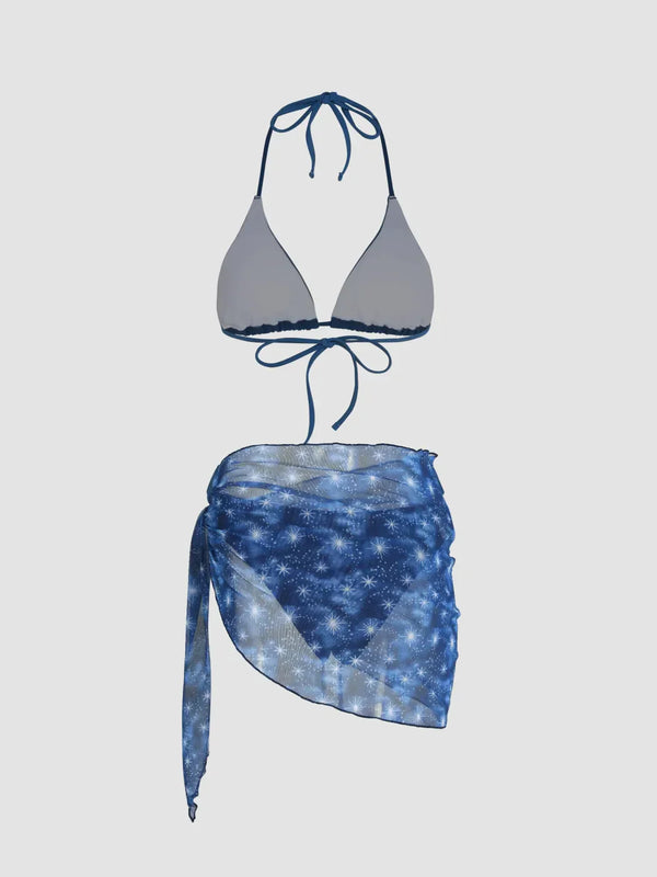 Ensemble 3 pièces bikini uni dos nu avec sarong assorti