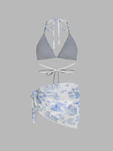 Ensemble bikini dos nu motif toile de Jouy avec sarong assorti