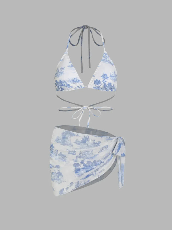 Ensemble bikini dos nu motif toile de Jouy avec sarong assorti