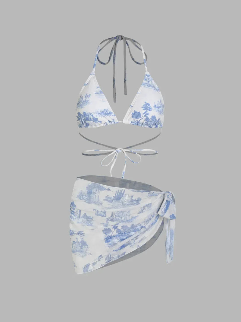 Ensemble bikini dos nu motif toile de Jouy avec sarong assorti