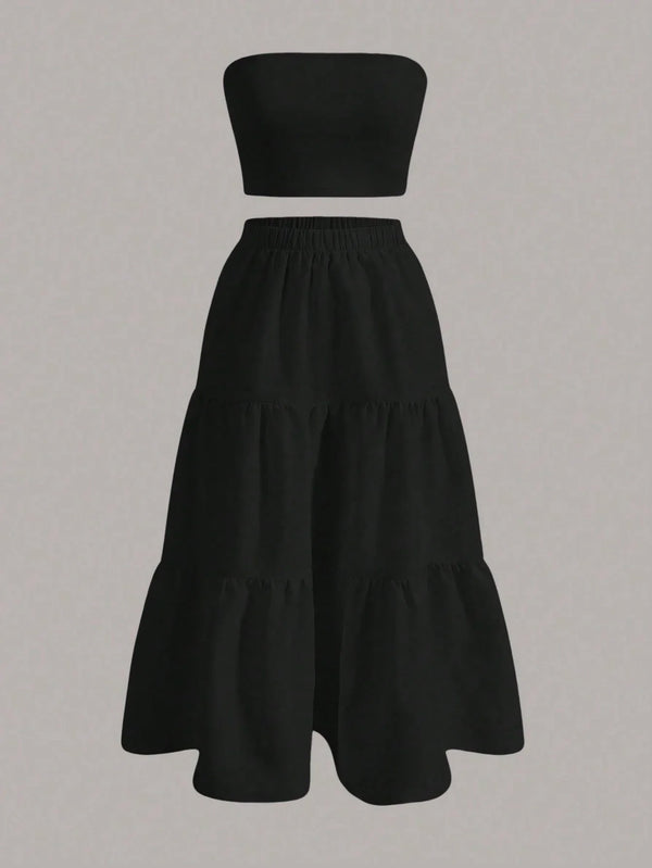 Ensemble bustier et jupe longue noire à volants superposés