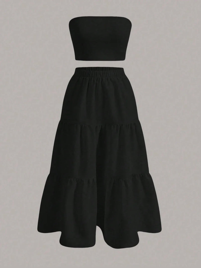 Ensemble bustier et jupe longue noire à volants superposés