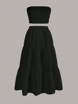 Ensemble bustier et jupe longue noire à volants superposés