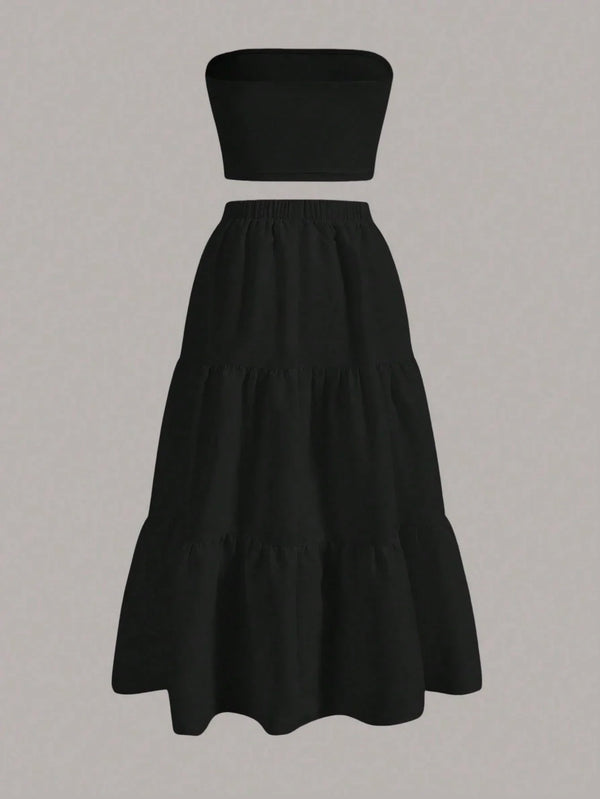 Ensemble bustier et jupe longue noire à volants superposés