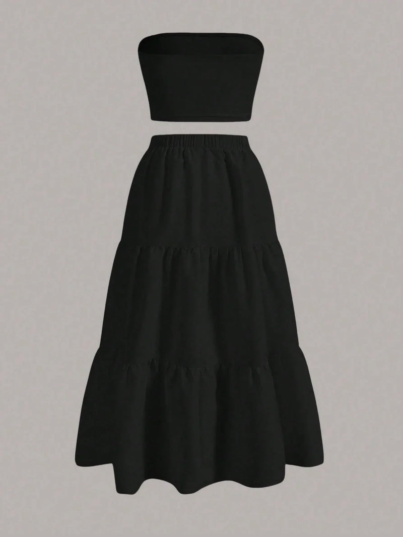 Ensemble bustier et jupe longue noire à volants superposés