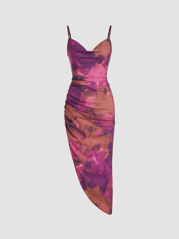 Robe Midi Asymétrique Drapée à Motif Dégradé avec Encolure Cœur Élégante