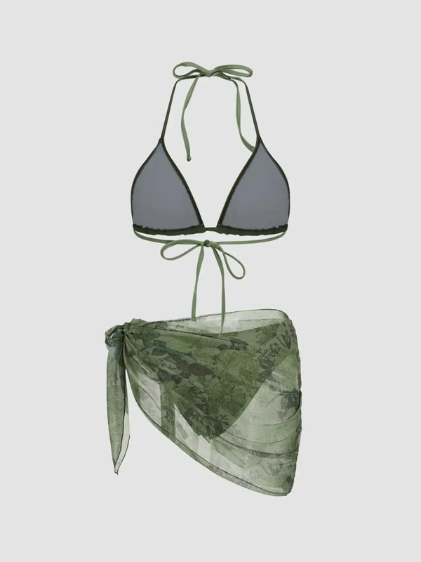 Bikini triangle dos nu à col halter avec sarong floral assorti