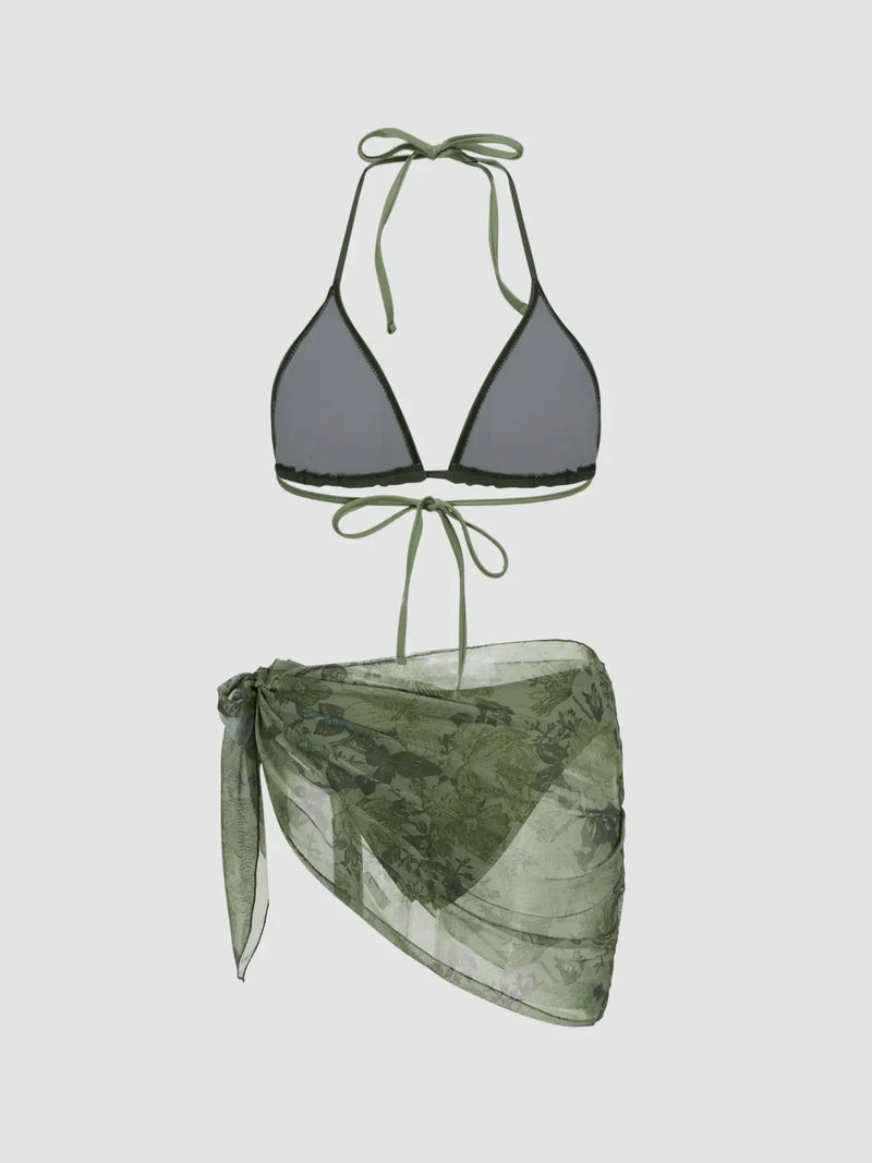 Bikini triangle dos nu à col halter avec sarong floral assorti