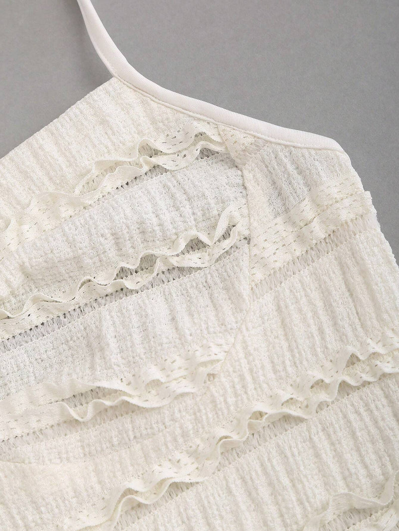 Robe longue ras-du-cou avec anneau à dos-nu et ourlet volanté