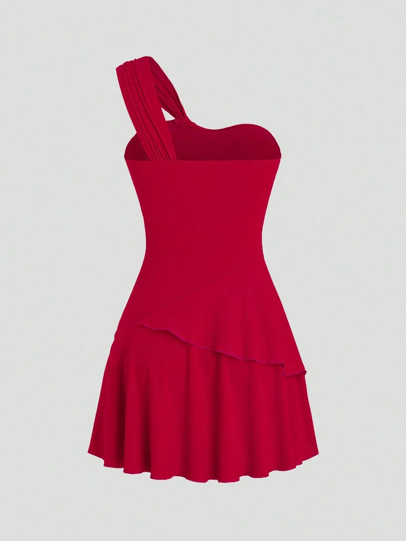 Robe mini asymétrique rouge à une épaule
