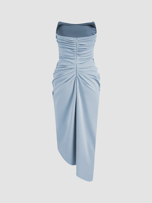 Robe Midi Asymétrique Unie Froncée Coupe Slim
