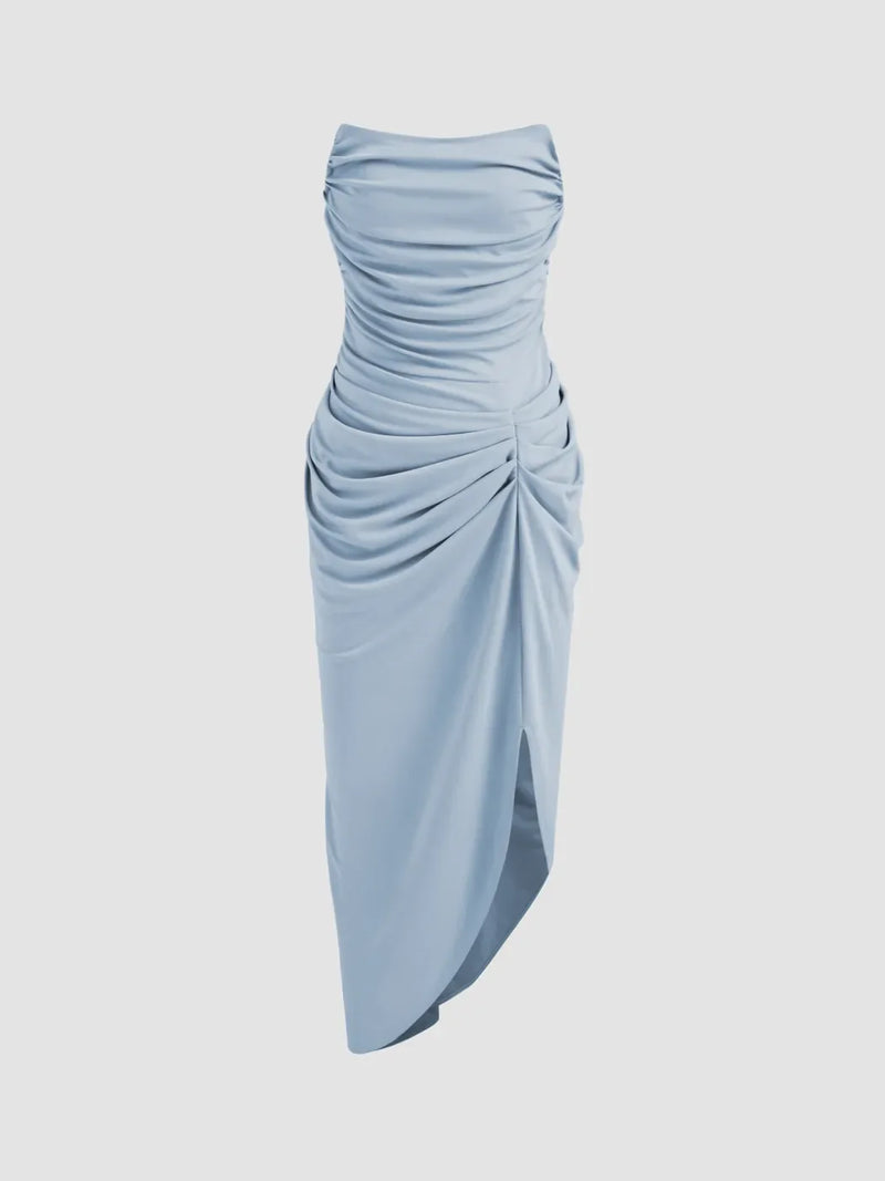 Robe Midi Asymétrique Unie Froncée Coupe Slim