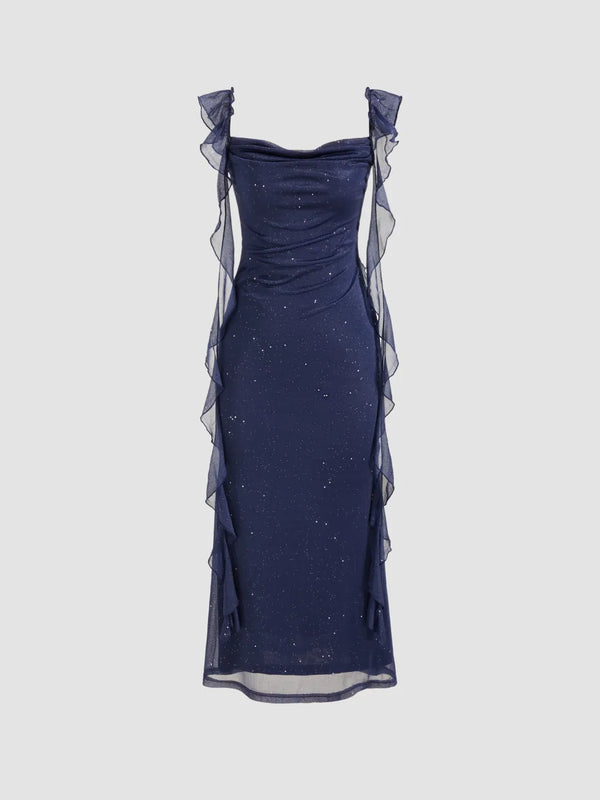 Robe Longue Scintillante à Col Bénitier et Volants
