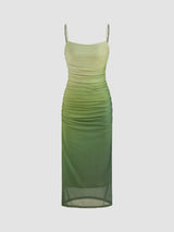 Robe Longue Dégradée en Mesh à Col Carré Froncée