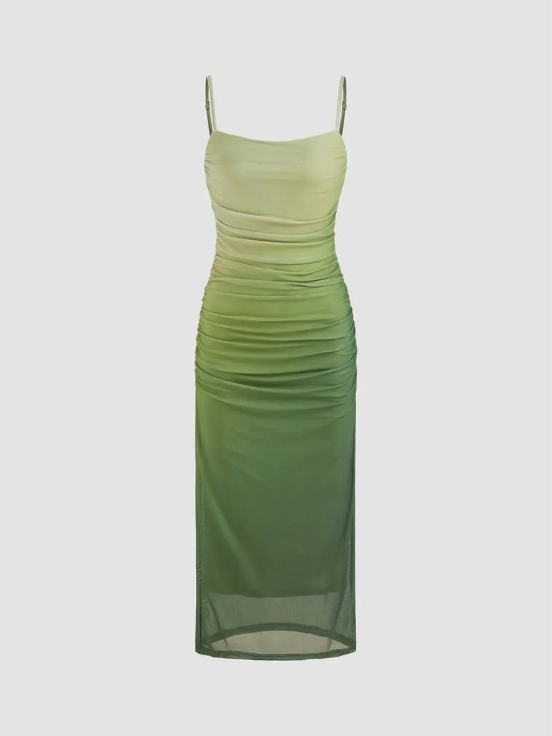 Robe Longue Dégradée en Mesh à Col Carré Froncée