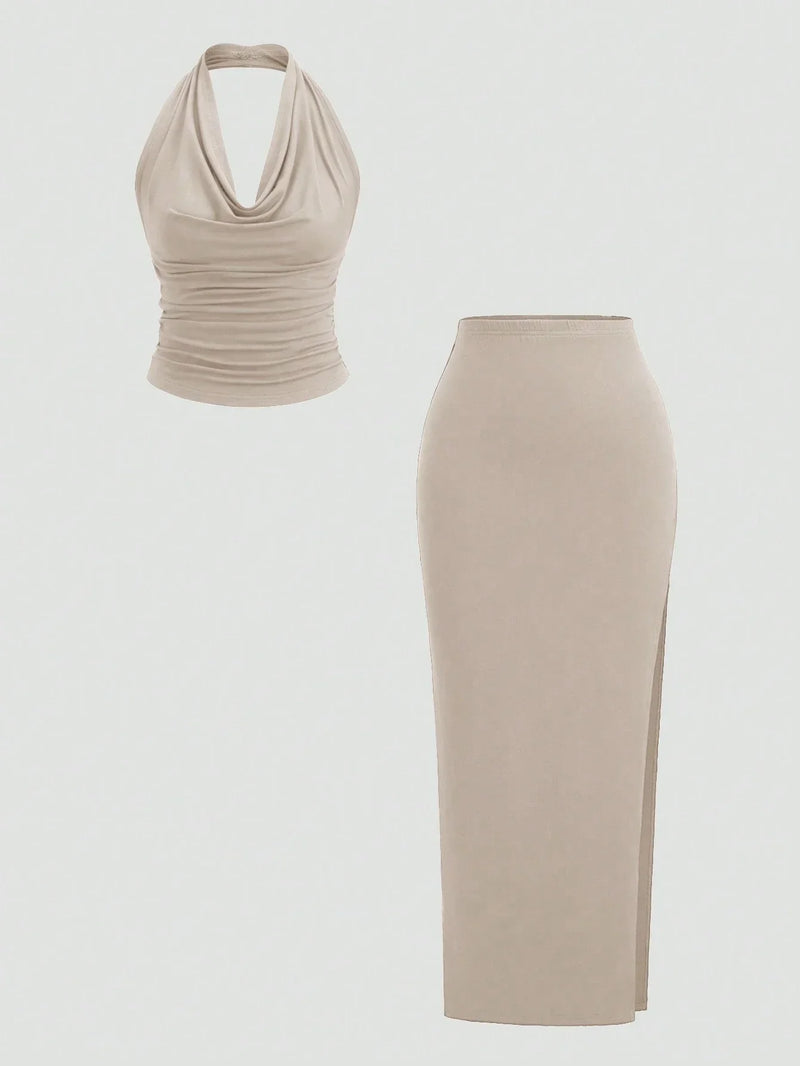 Ensemble top dos nu & jupe fendue longue