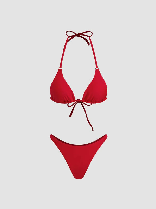 Ensemble bikini triangle col montant uni avec détail anneau