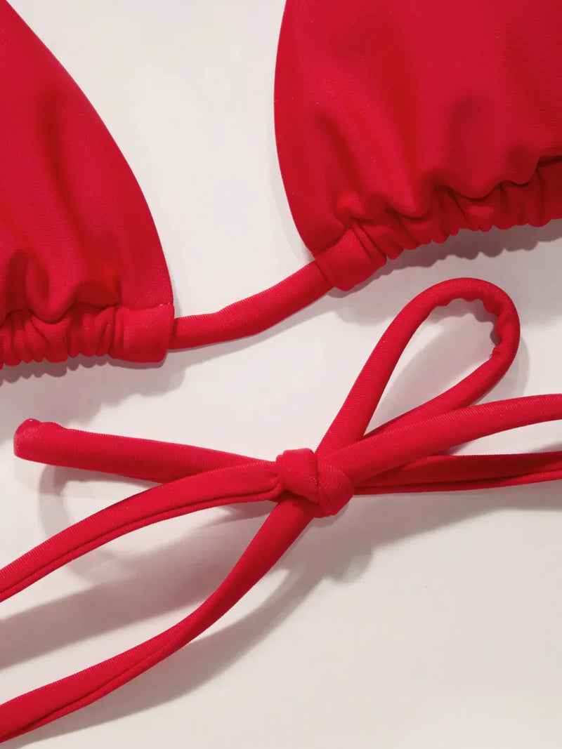 Ensemble bikini triangle col montant uni avec détail anneau